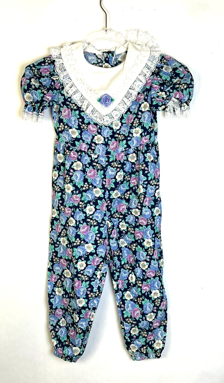 Vintage Jumpsuit Girls 2 -3 T 80's Puffed Sleeves Lace Trimmed Collar Pants Blue
